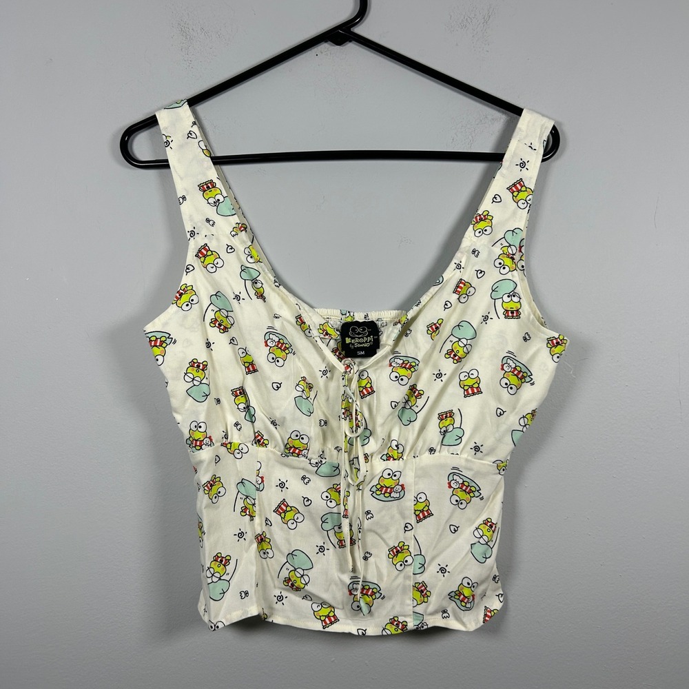 Keroppi Sanrio Tank Top Women's S Ruched Cream Babydoll Tie Front Smocked Back